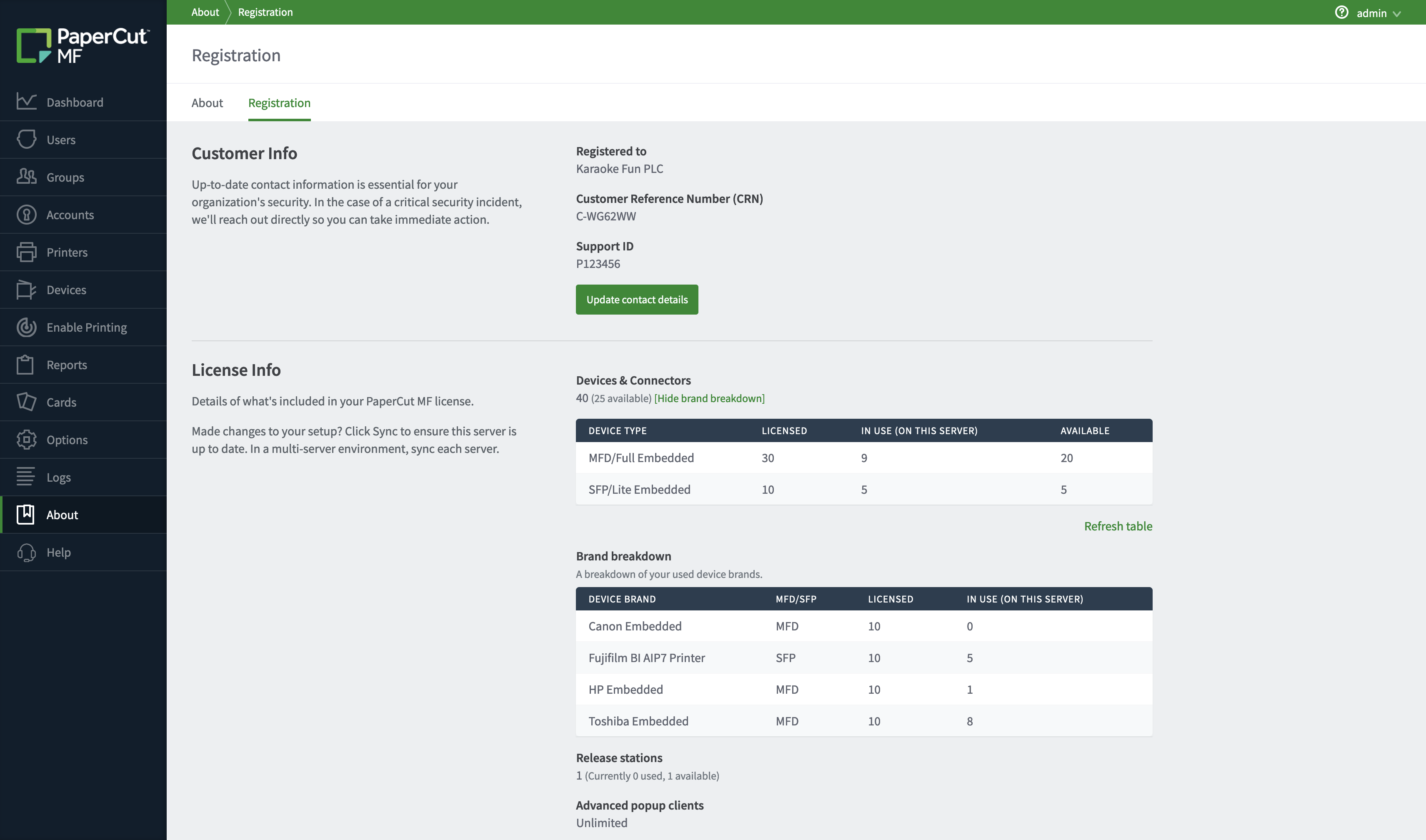 Screenshot showing the License Info section of the admin interface, under About > Registration